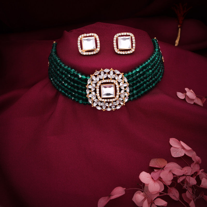 Tehzeeb Creations Brass Gold-Polished Gold, Green, White Jewel Set   | Grocsy