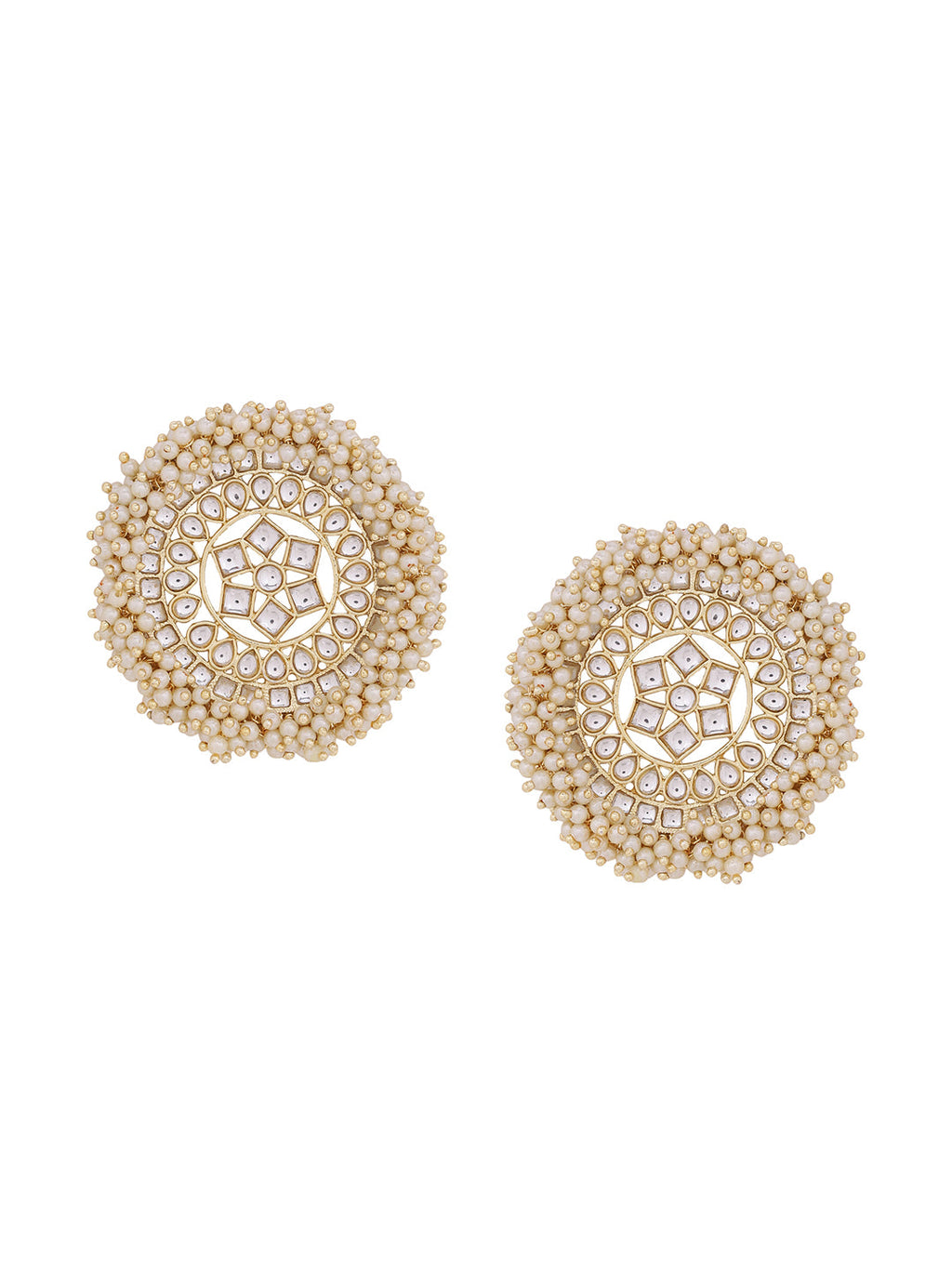 Shoshaa off-White Gold-Polished Kundan Studded & Beaded Circular Drop Earrings | Grocsy
