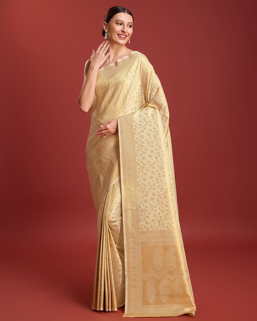 Monjolika Fashion Elegant Kanjivaram Traditional Indian Attire In Golden Beige Color Silk Saree | Grocsy