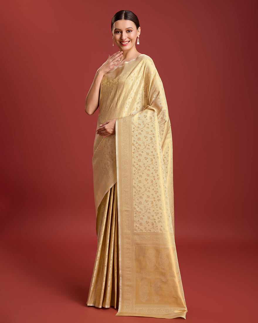 Monjolika Fashion Elegant Kanjivaram Traditional Indian Attire In Golden Beige Color Silk Saree | Grocsy