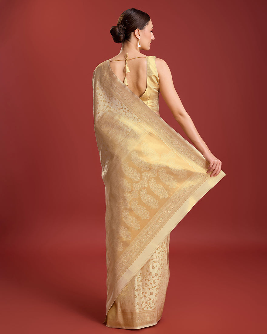 Monjolika Fashion Elegant Kanjivaram Traditional Indian Attire In Golden Beige Color Silk Saree | Grocsy