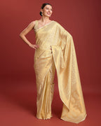 Monjolika Fashion Elegant Kanjivaram Traditional Indian Attire In Golden Beige Color Silk Saree | Grocsy
