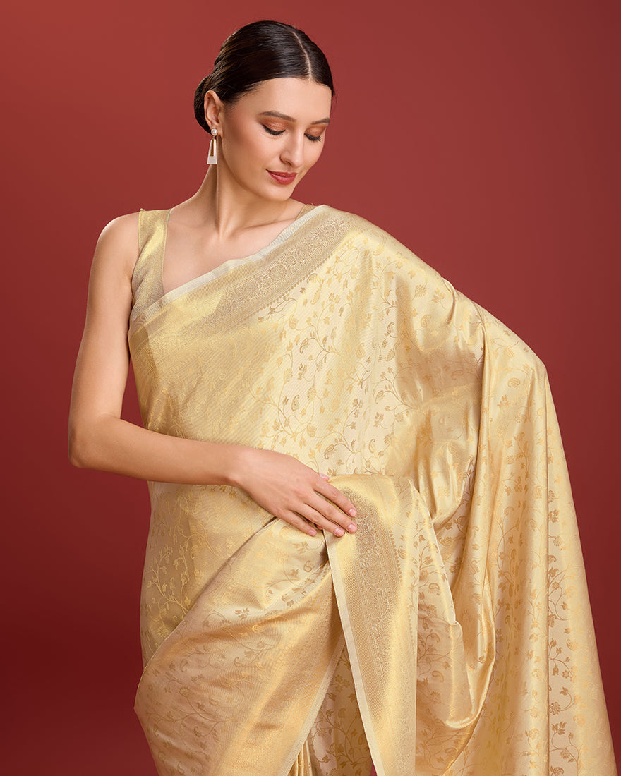 Monjolika Fashion Elegant Kanjivaram Traditional Indian Attire In Golden Beige Color Silk Saree | Grocsy