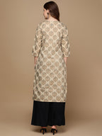 HERE&NOW Beige & Brown Ethnic Motifs Embroidered Pure Cotton Straight Kurta | Grocsy
