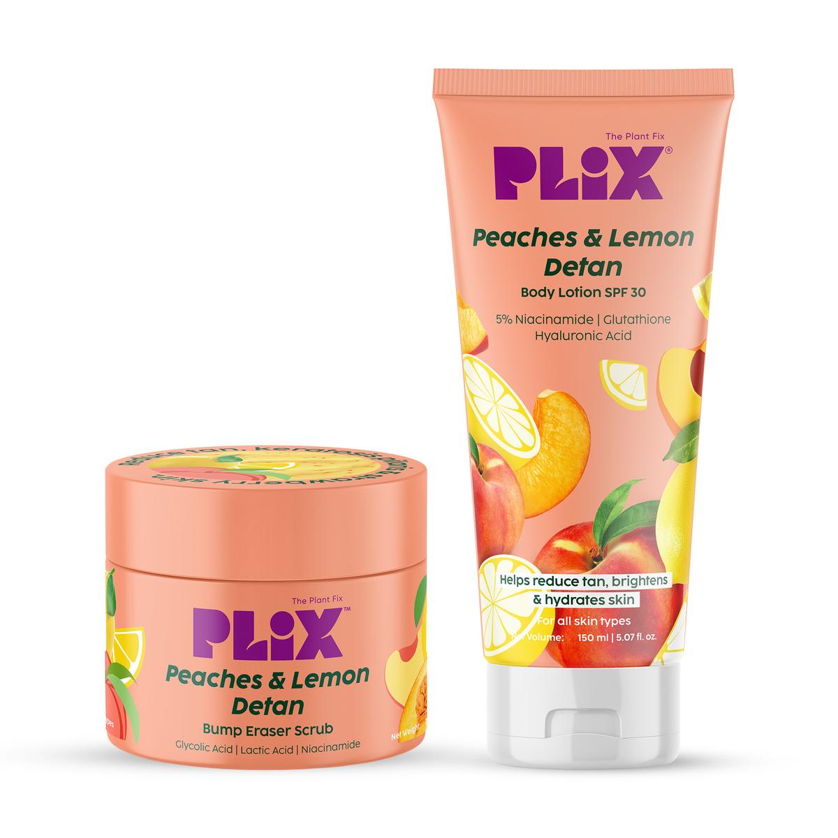 PLIX The Plant Fix Peaches & Lemon Detan Pair with Bump Eraser Body Scrub & SPF15 Body Lotion | Grocsy