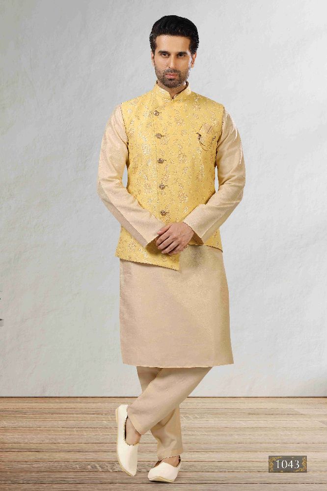 Raivat Ethnic Jacquard Banarasi Silk Woven Work 3 Pics Jacket Set In Yellow Colour | Grocsy
