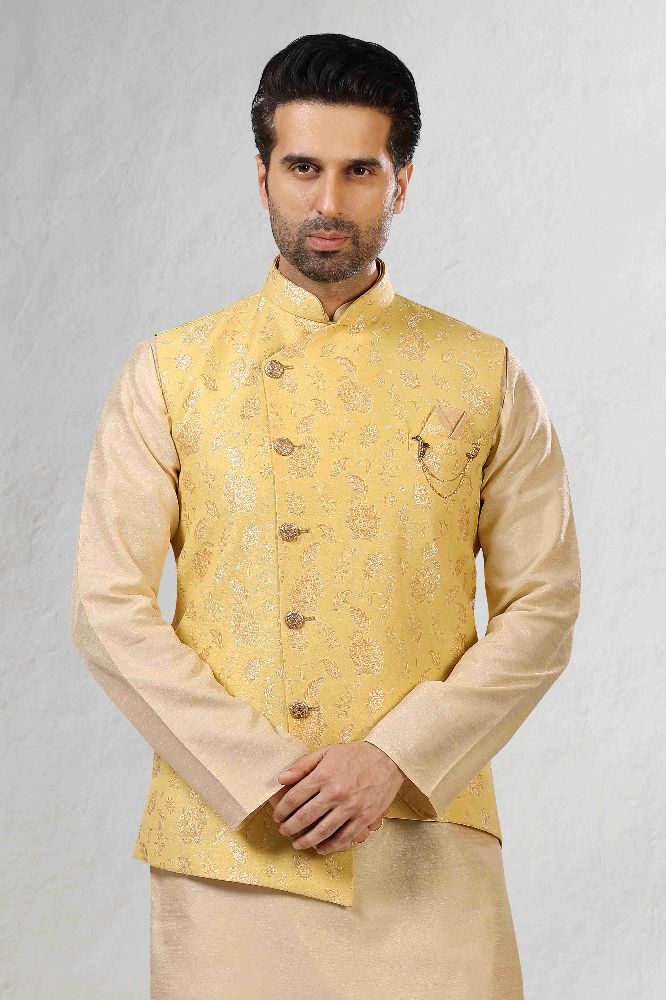 Raivat Ethnic Jacquard Banarasi Silk Woven Work 3 Pics Jacket Set In Yellow Colour | Grocsy