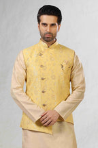 Raivat Ethnic Jacquard Banarasi Silk Woven Work 3 Pics Jacket Set In Yellow Colour | Grocsy