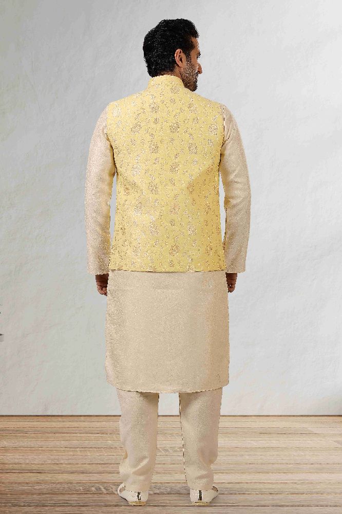Raivat Ethnic Jacquard Banarasi Silk Woven Work 3 Pics Jacket Set In Yellow Colour | Grocsy