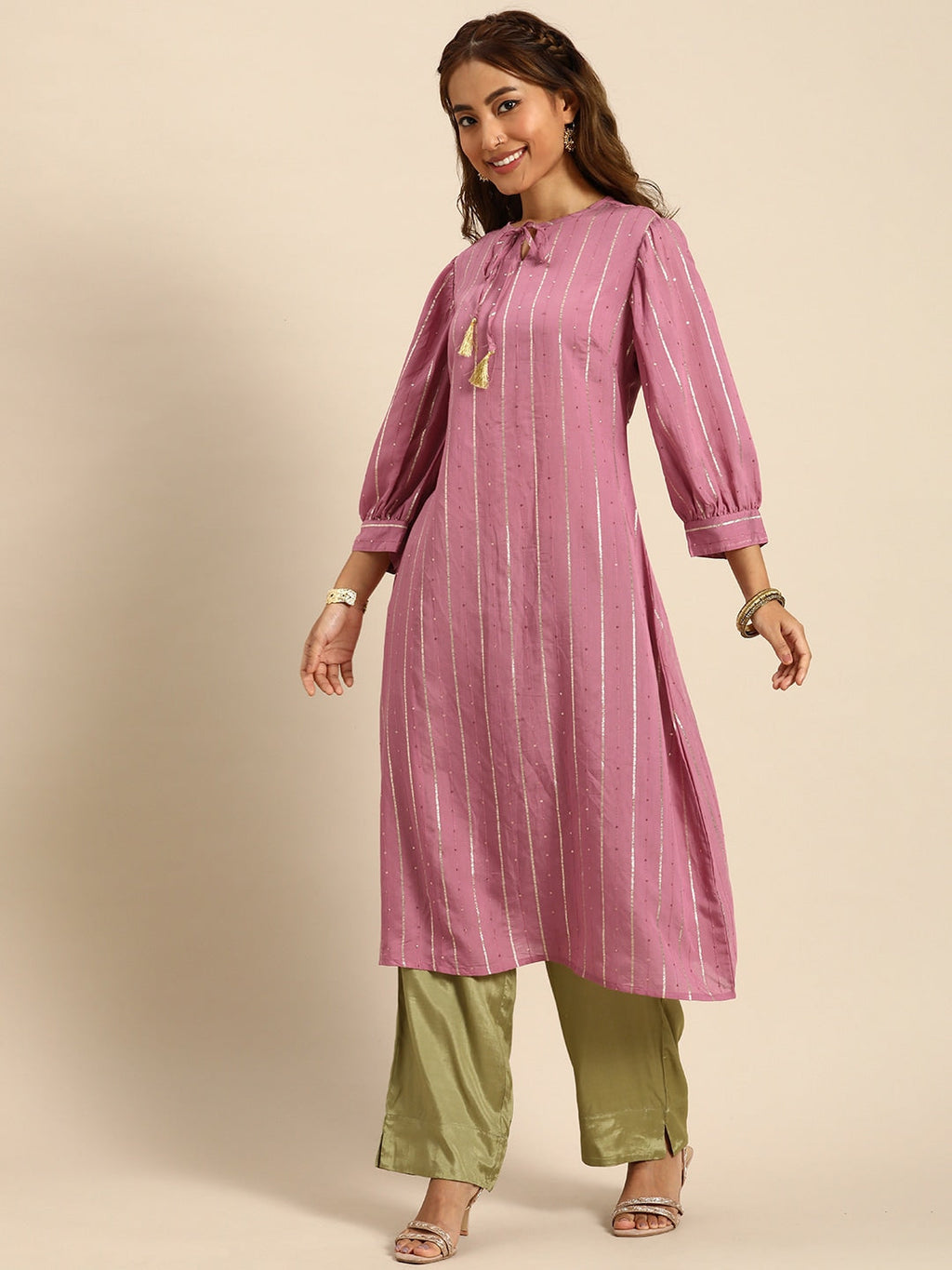 Sangria Women Tie-Up Neck Jacquard Sequinned Chanderi Silk Kurta | Grocsy