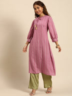 Sangria Women Tie-Up Neck Jacquard Sequinned Chanderi Silk Kurta | Grocsy