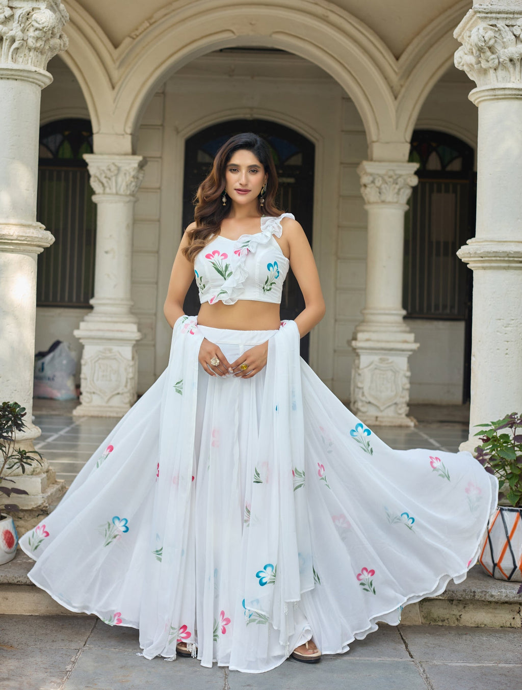 Lorenvalley Fashion White Georgette with Hand-painted Floral Design Lehenga Choli with Dupatta | Grocsy