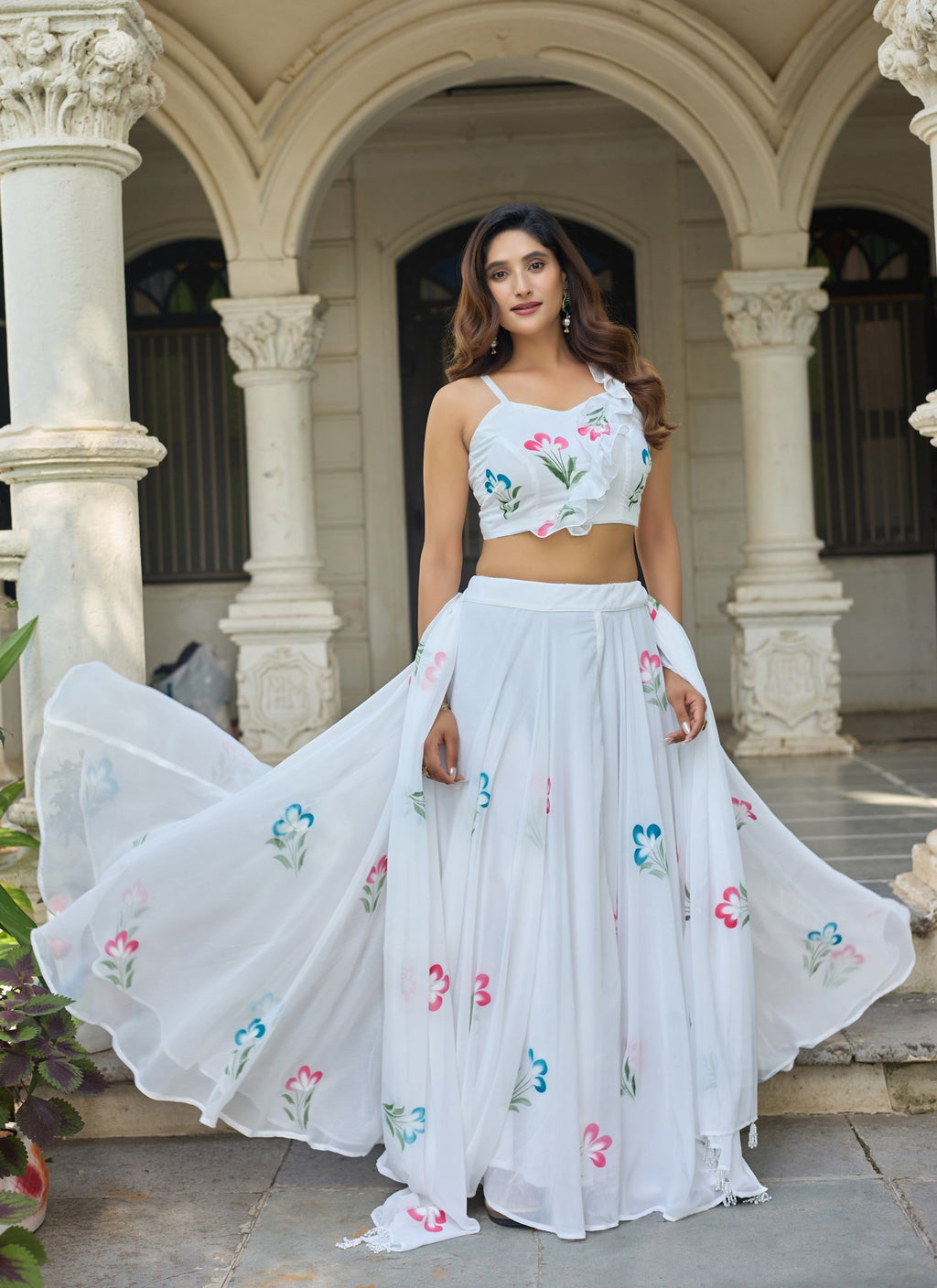 Lorenvalley Fashion White Georgette with Hand-painted Floral Design Lehenga Choli with Dupatta | Grocsy