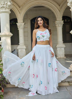 Lorenvalley Fashion White Georgette with Hand-painted Floral Design Lehenga Choli with Dupatta | Grocsy