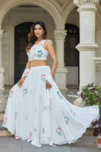 Lorenvalley Fashion White Georgette with Hand-painted Floral Design Lehenga Choli with Dupatta | Grocsy