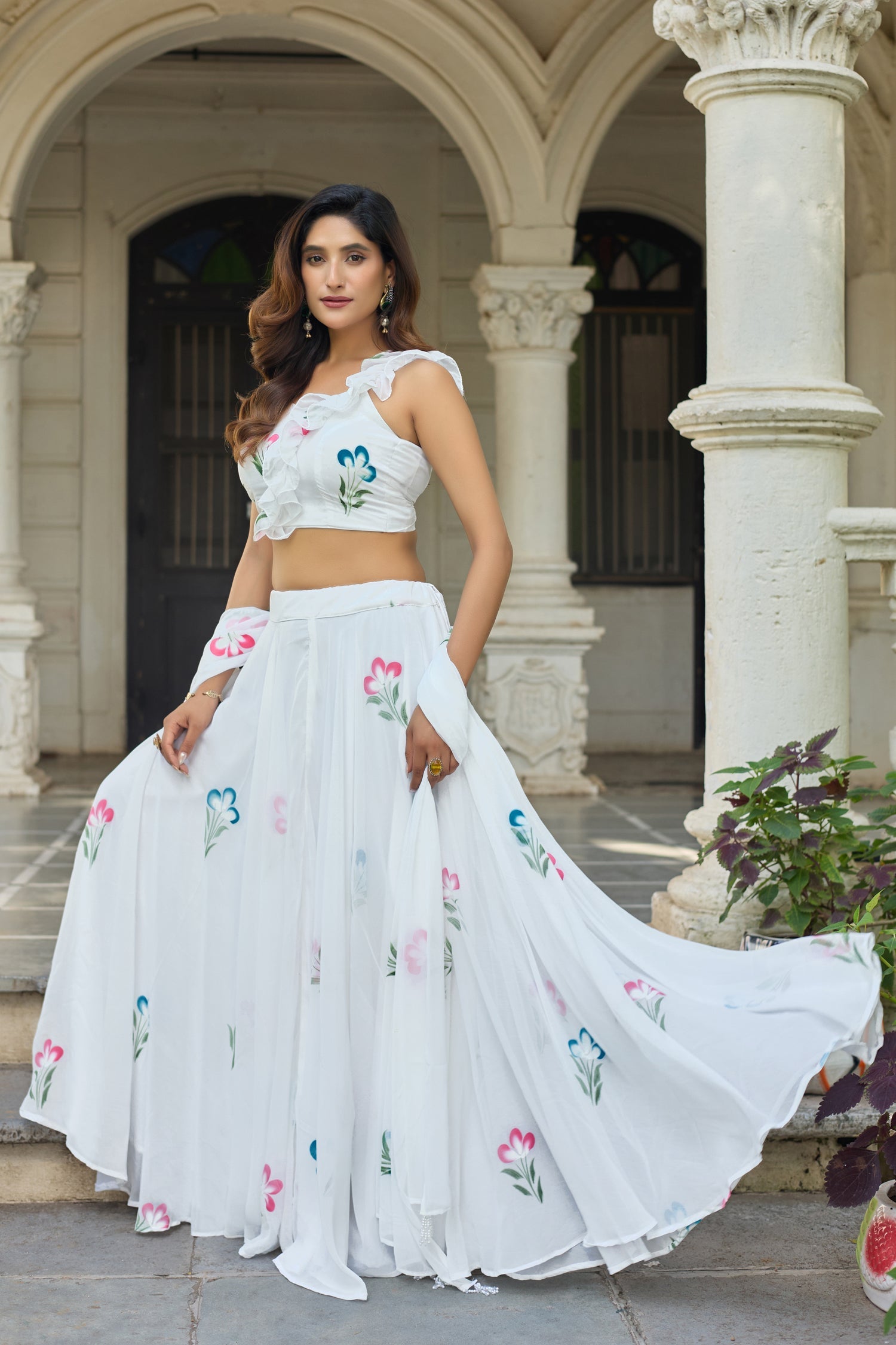 Lorenvalley Fashion White Georgette with Hand-painted Floral Design Lehenga Choli with Dupatta | Grocsy