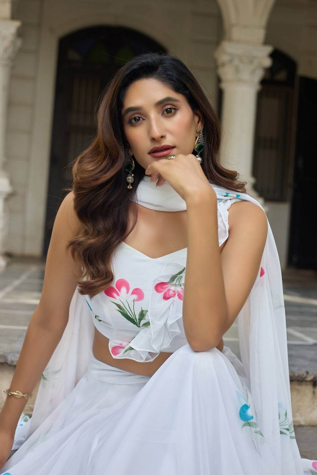 Lorenvalley Fashion White Georgette with Hand-painted Floral Design Lehenga Choli with Dupatta | Grocsy
