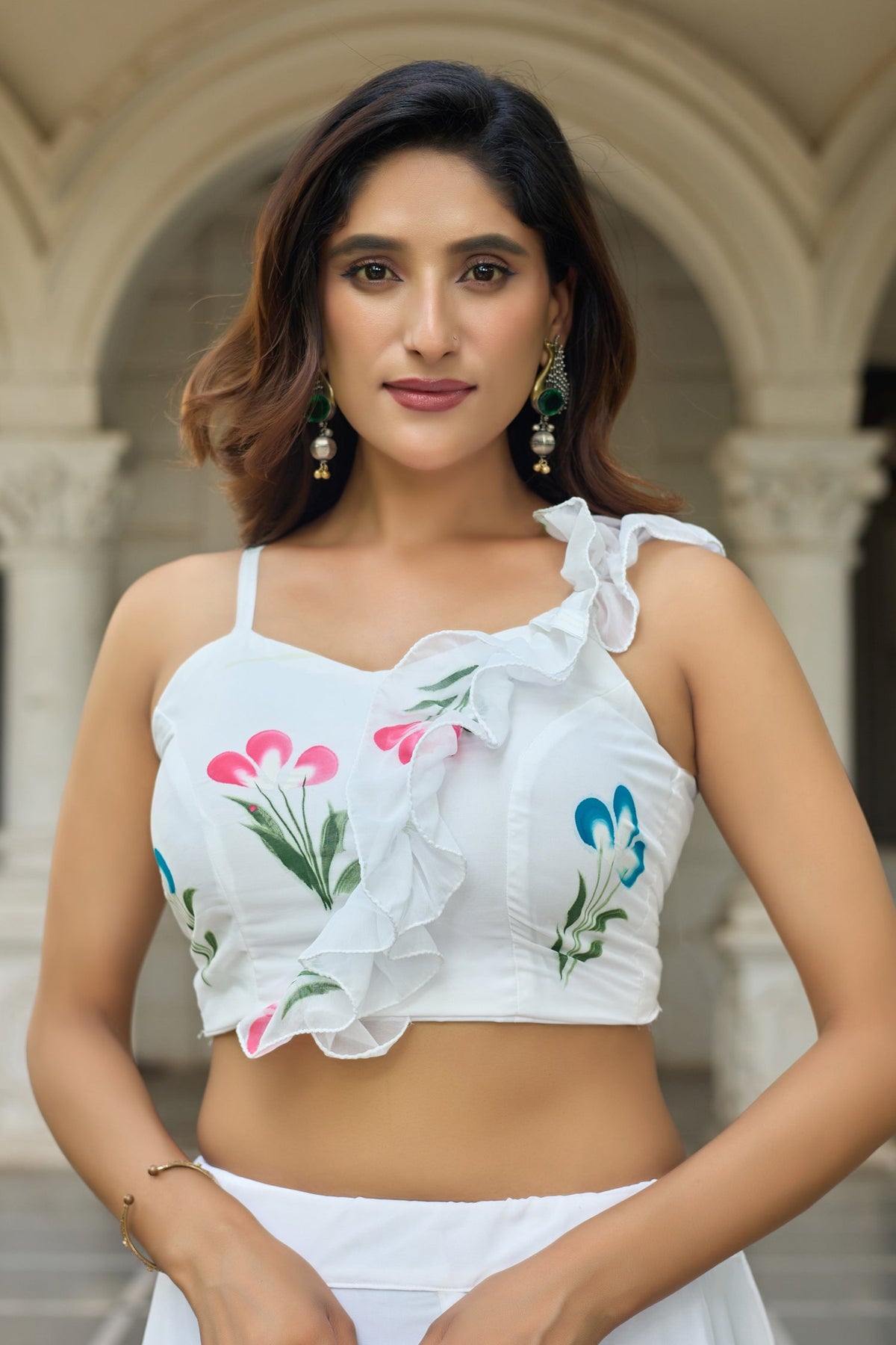 Lorenvalley Fashion White Georgette with Hand-painted Floral Design Lehenga Choli with Dupatta | Grocsy