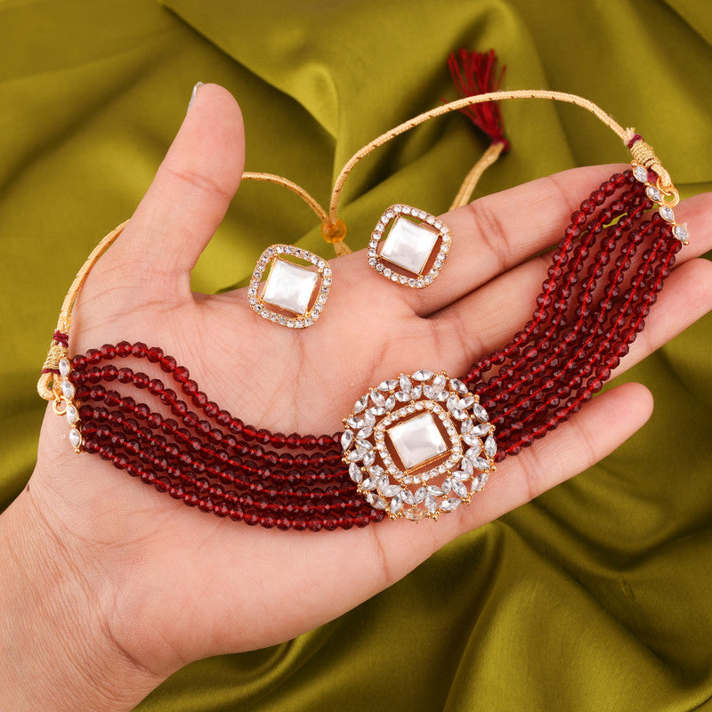 Tehzeeb Creations Brass Gold-Polished Gold, Maroon, White Jewel Set   | Grocsy