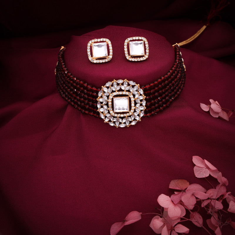 Tehzeeb Creations Brass Gold-Polished Gold, Maroon, White Jewel Set   | Grocsy