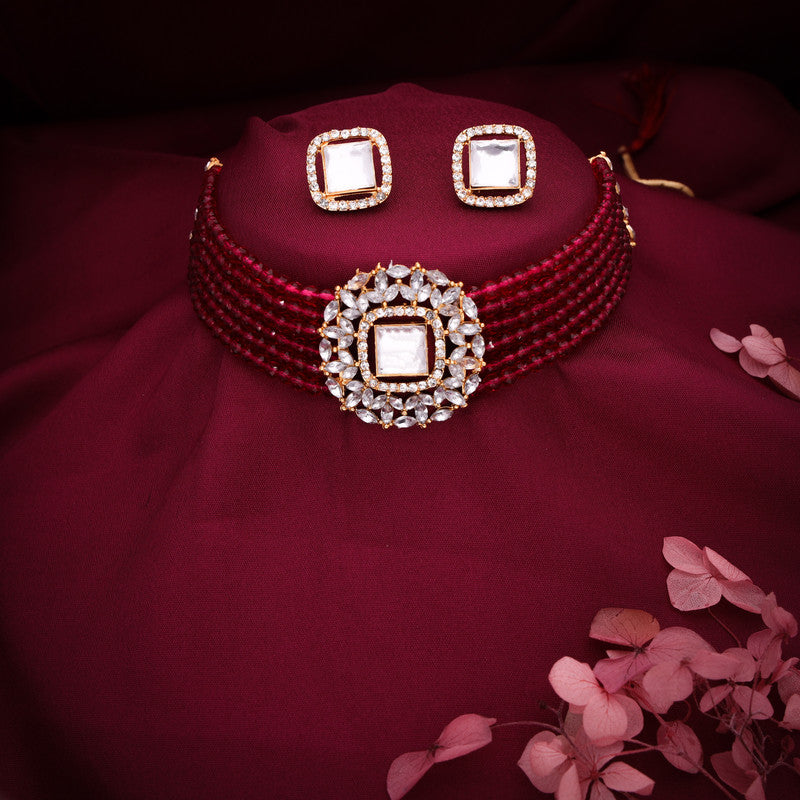 Tehzeeb Creations Brass Gold-Polished Gold, Red, White Jewel Set   | Grocsy