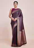 Monjolika Fashion Glamour And Tradition With This Zari Woven Wine Color Banarasi Satin Silk Saree | Grocsy