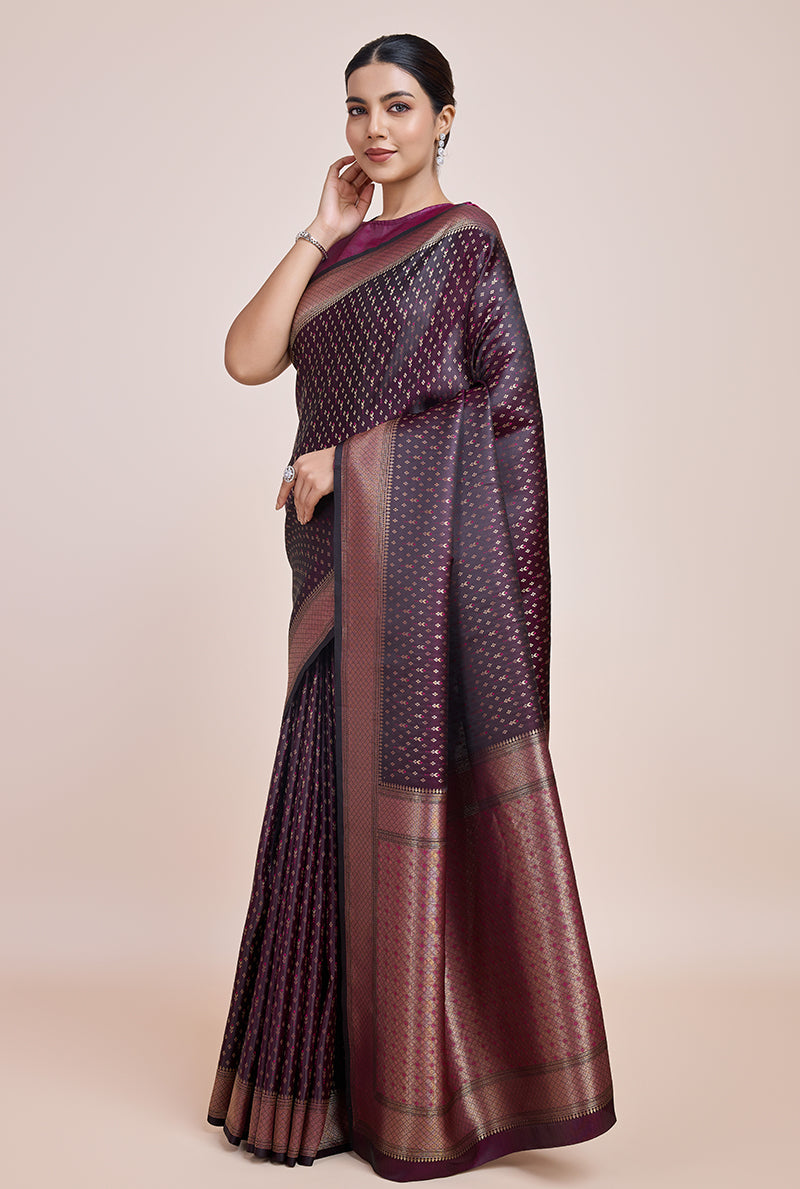 Monjolika Fashion Glamour And Tradition With This Zari Woven Wine Color Banarasi Satin Silk Saree | Grocsy
