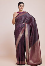Monjolika Fashion Glamour And Tradition With This Zari Woven Wine Color Banarasi Satin Silk Saree | Grocsy