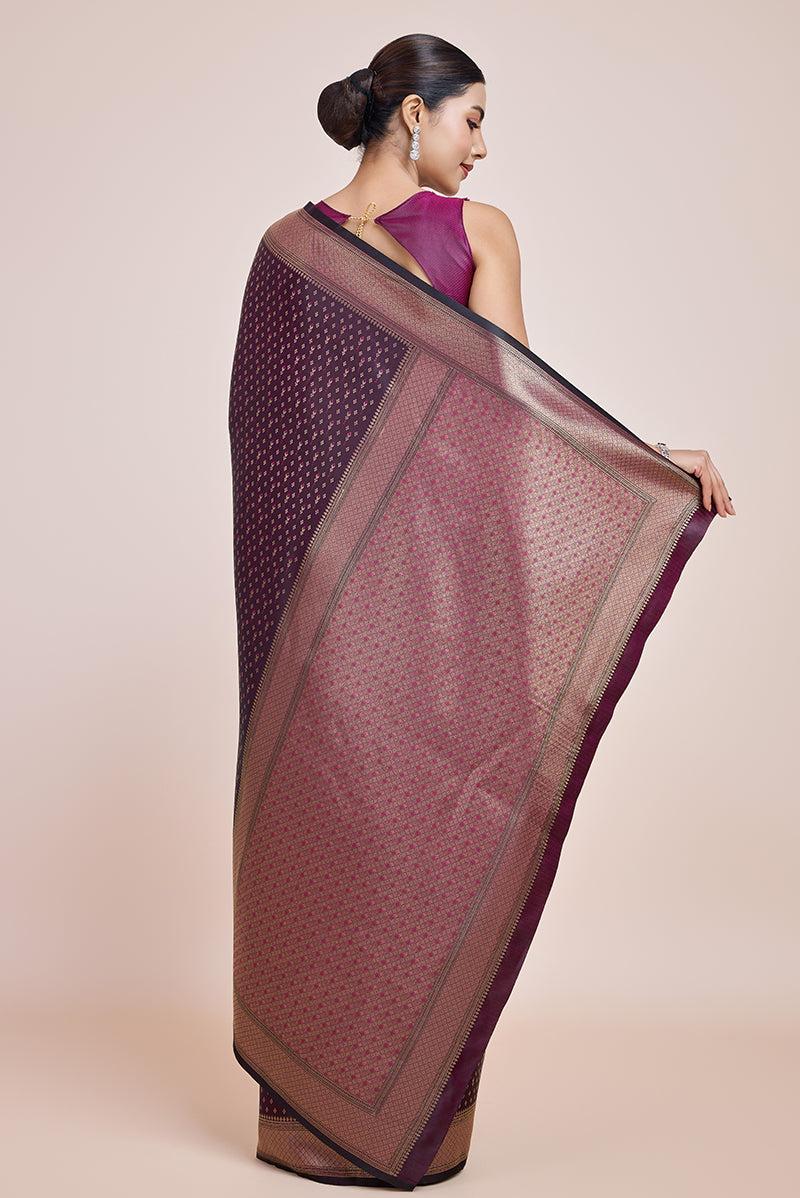 Monjolika Fashion Glamour And Tradition With This Zari Woven Wine Color Banarasi Satin Silk Saree | Grocsy