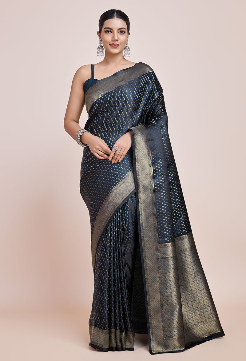 Monjolika Fashion Glamour And Tradition With This Zari Woven Dark Teal Color Banarasi Satin Silk Saree | Grocsy