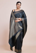 Monjolika Fashion Glamour And Tradition With This Zari Woven Dark Teal Color Banarasi Satin Silk Saree | Grocsy