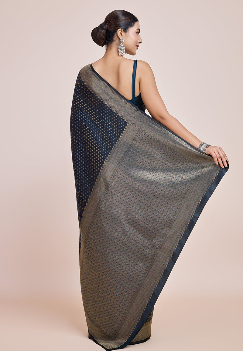 Monjolika Fashion Glamour And Tradition With This Zari Woven Dark Teal Color Banarasi Satin Silk Saree | Grocsy