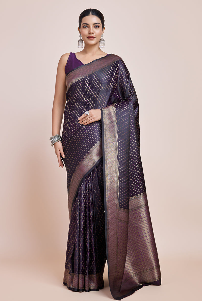 Monjolika Fashion Glamour And Tradition With This Zari Woven Darl Purple Color Banarasi Satin Silk Saree | Grocsy