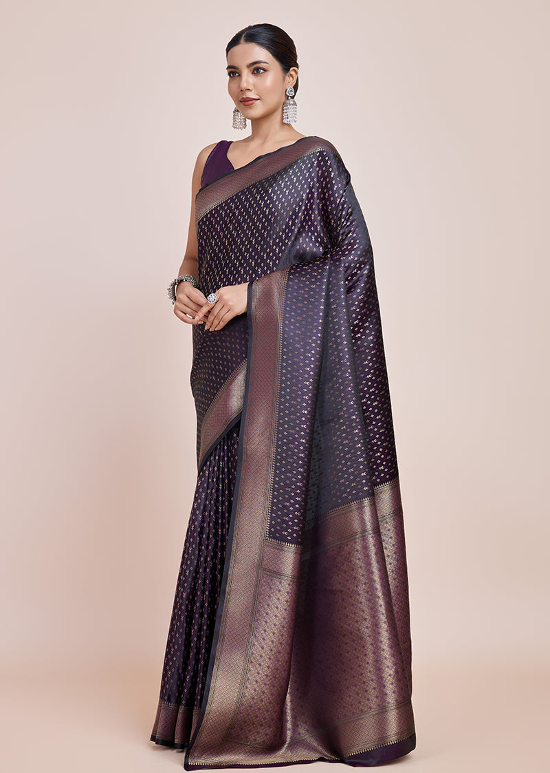 Monjolika Fashion Glamour And Tradition With This Zari Woven Darl Purple Color Banarasi Satin Silk Saree | Grocsy