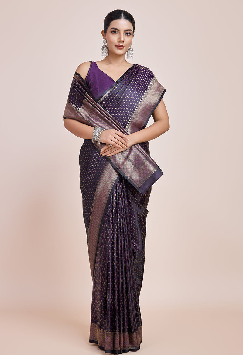 Monjolika Fashion Glamour And Tradition With This Zari Woven Darl Purple Color Banarasi Satin Silk Saree | Grocsy