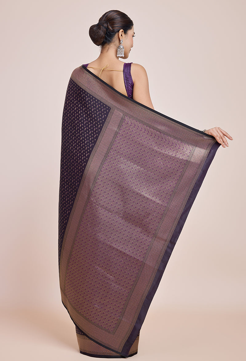 Monjolika Fashion Glamour And Tradition With This Zari Woven Darl Purple Color Banarasi Satin Silk Saree | Grocsy