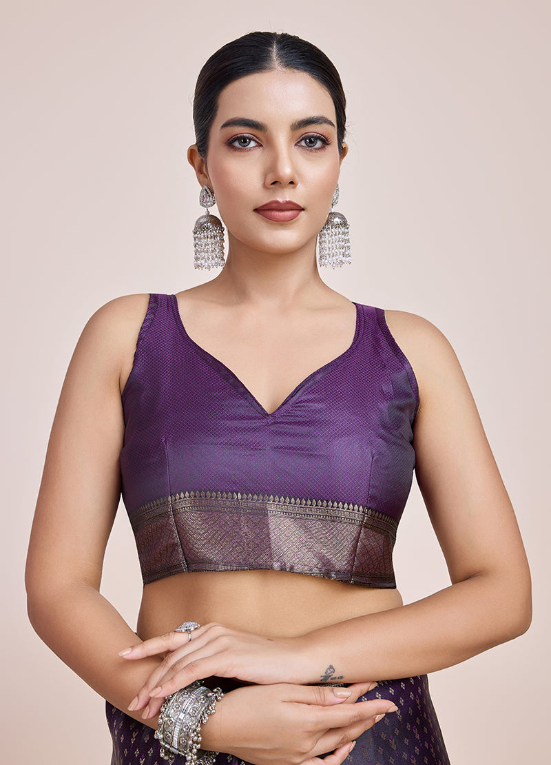 Monjolika Fashion Glamour And Tradition With This Zari Woven Darl Purple Color Banarasi Satin Silk Saree | Grocsy