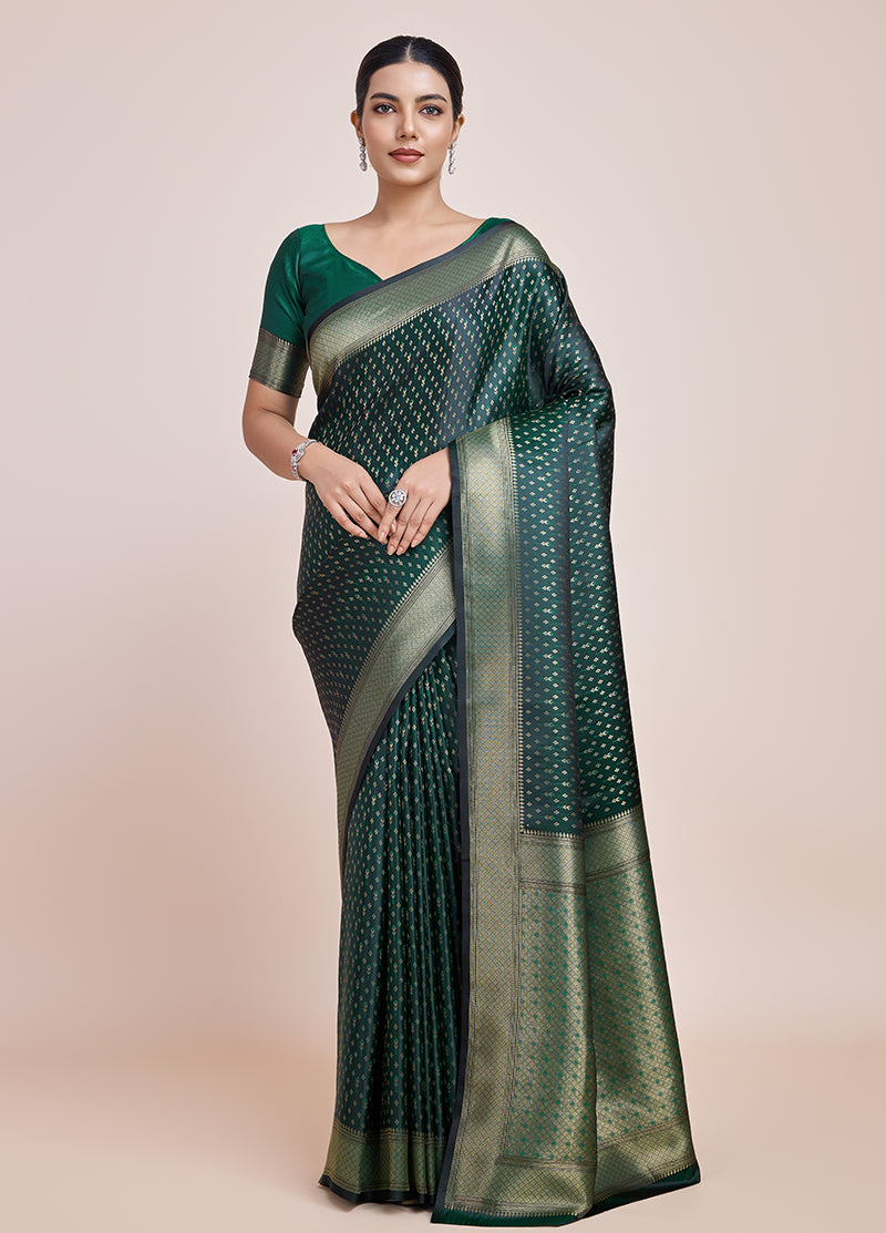Monjolika Fashion Glamour And Tradition With This Zari Woven Dark Green Color Banarasi Satin Silk Saree | Grocsy