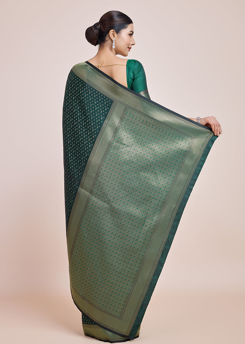 Monjolika Fashion Glamour And Tradition With This Zari Woven Dark Green Color Banarasi Satin Silk Saree | Grocsy