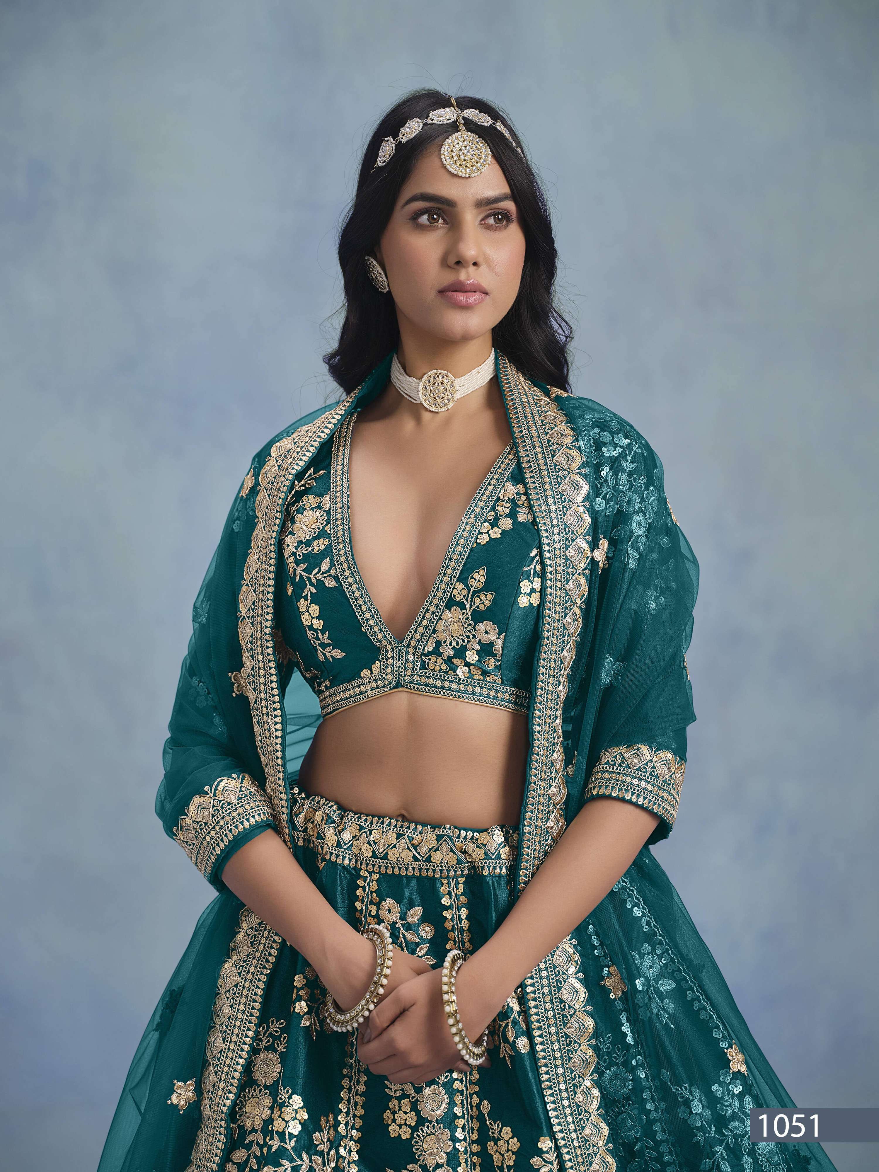 Anaita Teal Embroidered Heavy Art Silk Designer Lehenga With Blouse | Grocsy