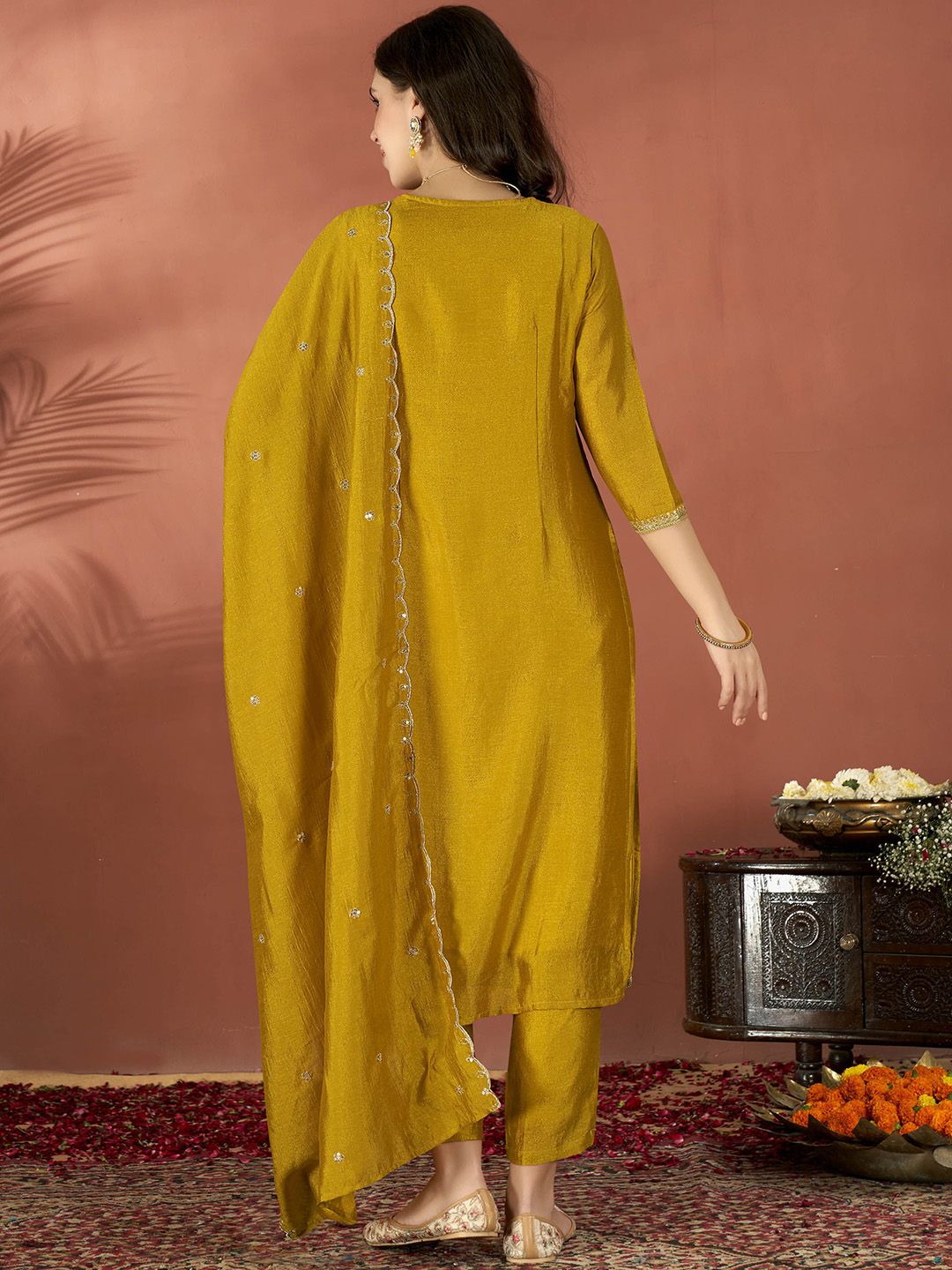 Vegaa Fashion Mustard Vichitra Silk Embroidered Salwar Suit | Grocsy