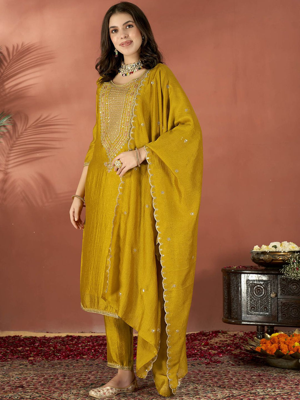 Vegaa Fashion Mustard Vichitra Silk Embroidered Salwar Suit | Grocsy