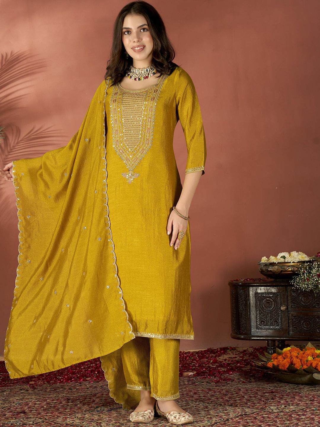 Vegaa Fashion Mustard Vichitra Silk Embroidered Salwar Suit | Grocsy