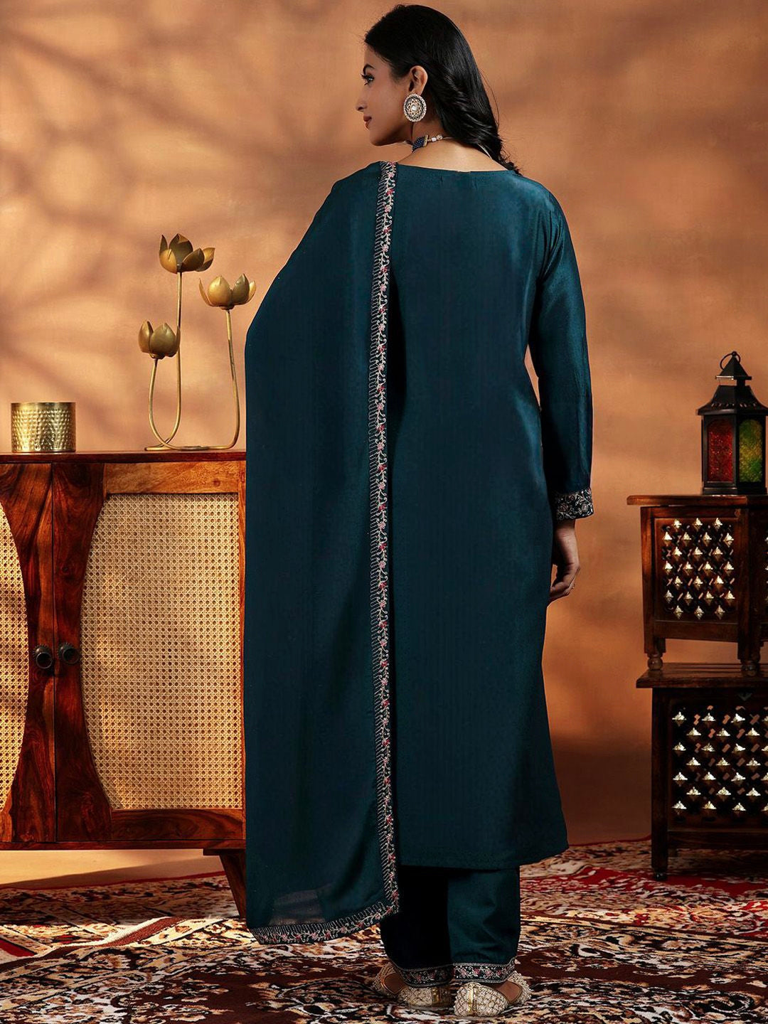 Vegaa Fashion Rama Mustard Vichitra Silk Embroidered Salwar Suit | Grocsy
