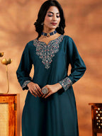 Vegaa Fashion Rama Mustard Vichitra Silk Embroidered Salwar Suit | Grocsy