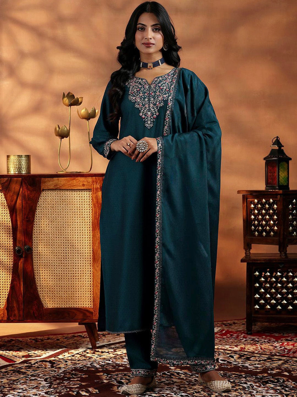 Vegaa Fashion Rama Mustard Vichitra Silk Embroidered Salwar Suit | Grocsy