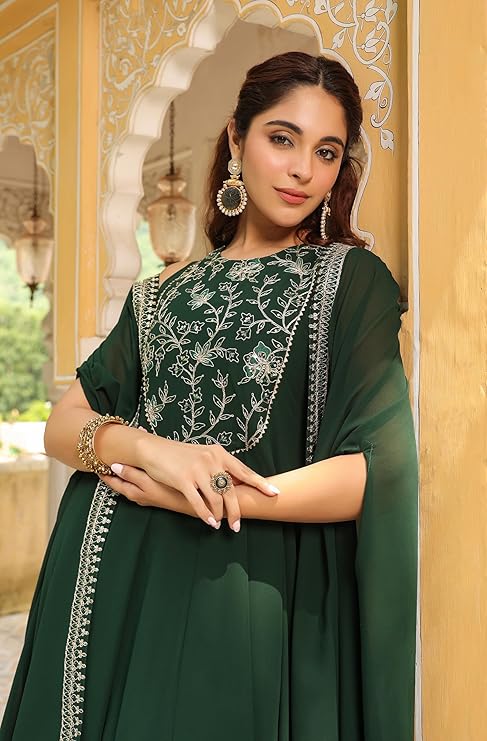 Vegaa Fashion Green Georgette Embroidered Anarkali Suit With Strug | Grocsy