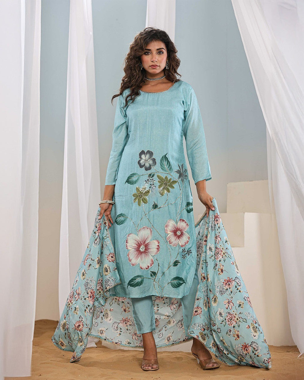 Vegaa Fashion Sky Blue Franch Crab Printed Salwar Suit | Grocsy