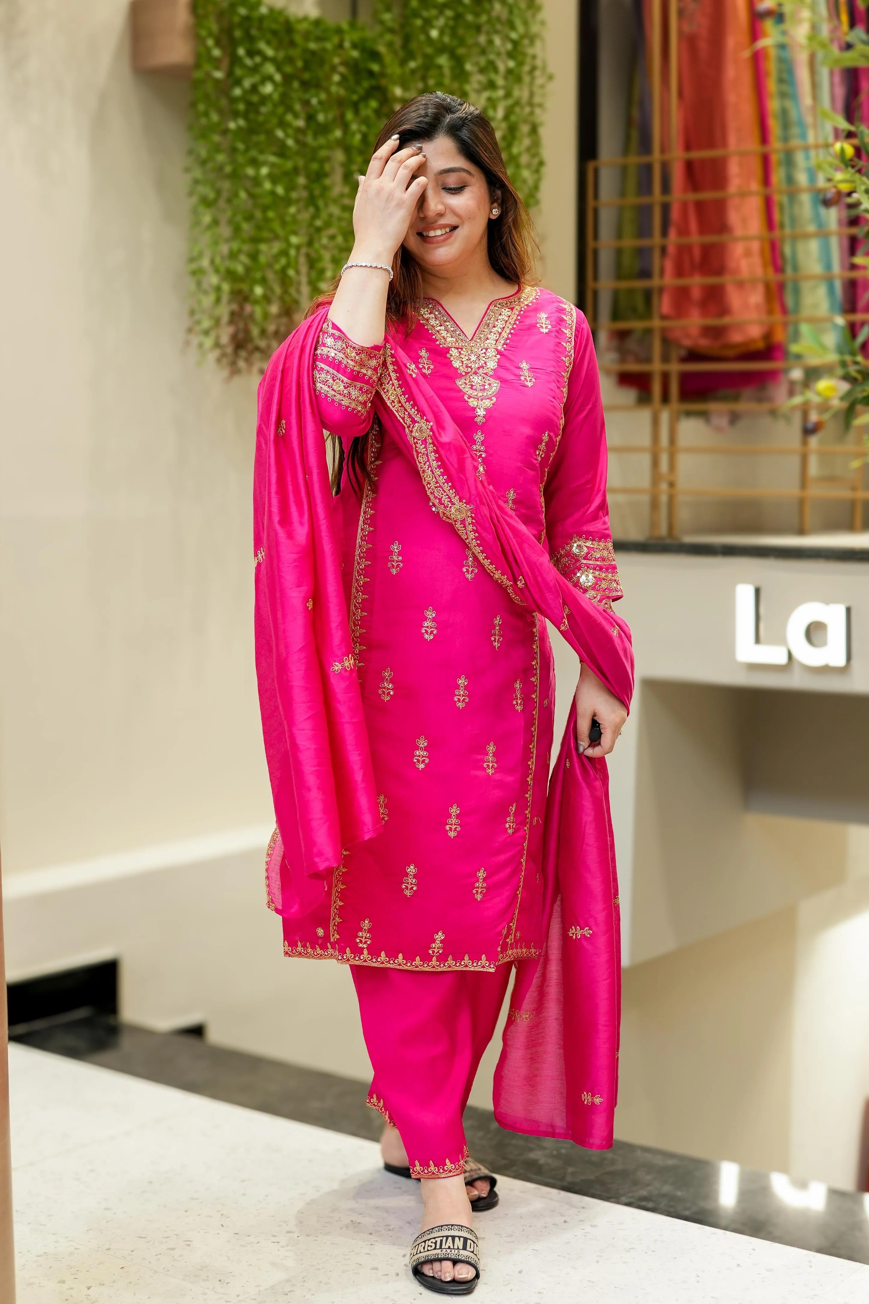 Vegaa Fashion Pink Chanderi Silk Embroidered Salwar Suit | Grocsy