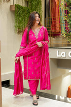Vegaa Fashion Pink Chanderi Silk Embroidered Salwar Suit | Grocsy